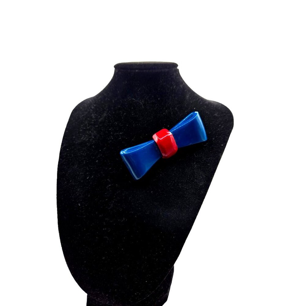 Vintage Bakelite Bow Brooch Navy & Cherry Red 1940s Carved Statement Brooch